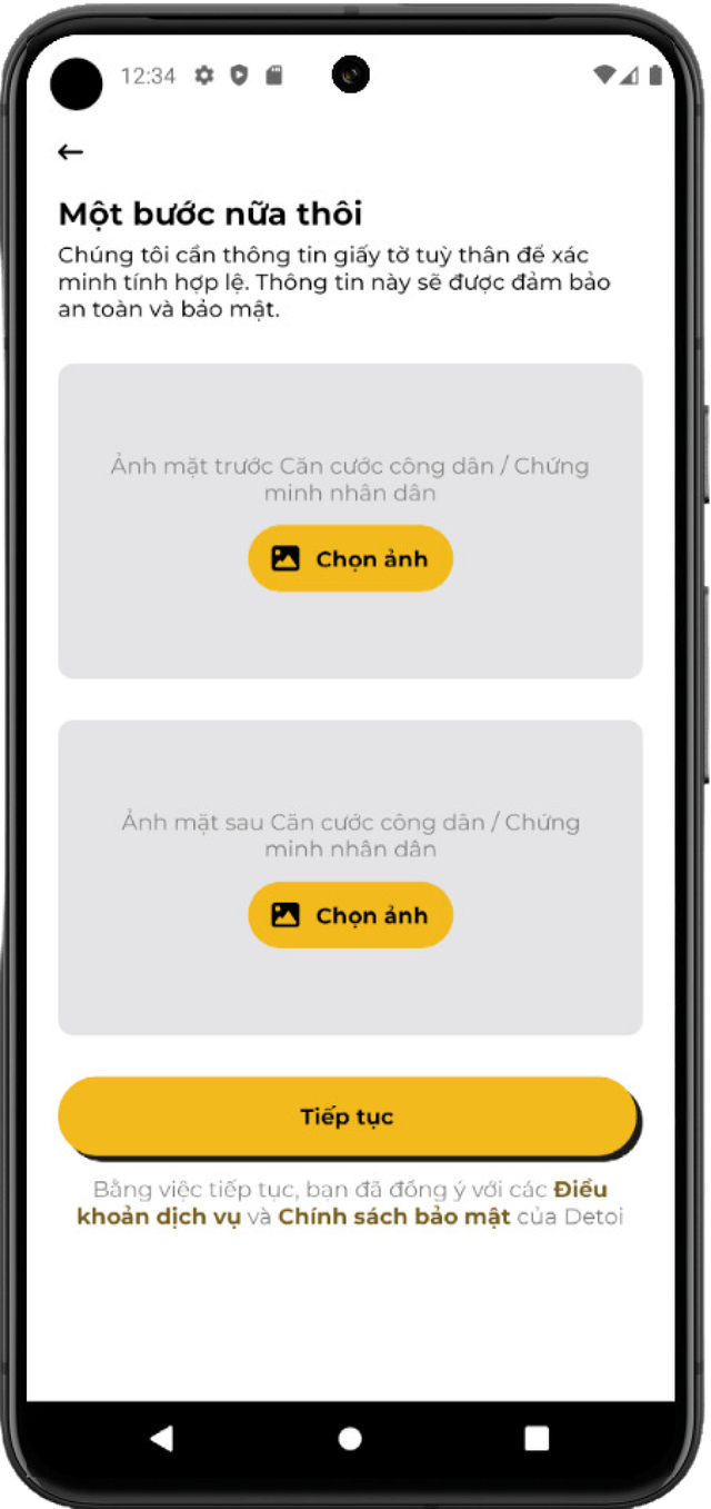 Đăng ký tài khoản và bổ sung thông tin cá nhân cơ bản và hình ảnh giấy tờ tuỳ thân thông qua ứng dụng