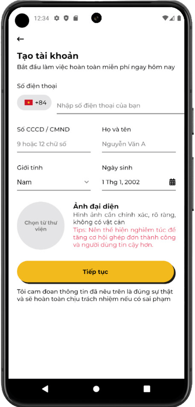 Đăng ký tài khoản và bổ sung thông tin cá nhân cơ bản và hình ảnh giấy tờ tuỳ thân thông qua ứng dụng